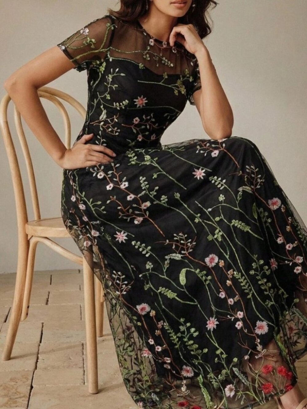 Black Floral Embroidered Mesh Maxi Dress